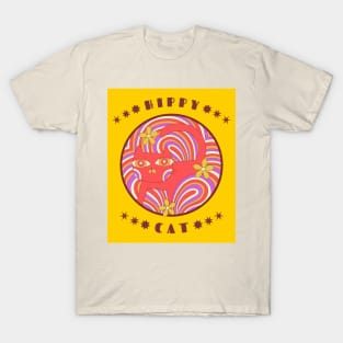 Psychedelic retro cat on yellow T-Shirt